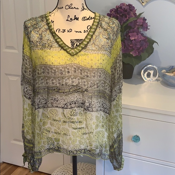 ECI Sheer Boho Blouse Crochet V Neck / Cuffs NWOT - Picture 1 of 6